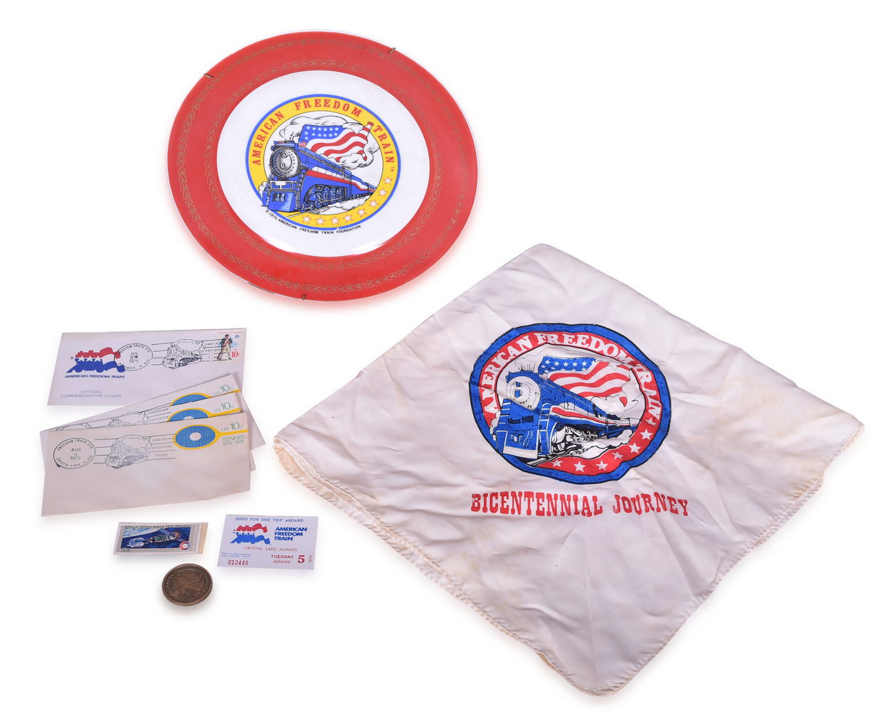 8070 - Group of American Freedom Train Ephemera - China Plate, Bicentennial Journey Coin, Scarf, Envelopes, and More thumbnail
