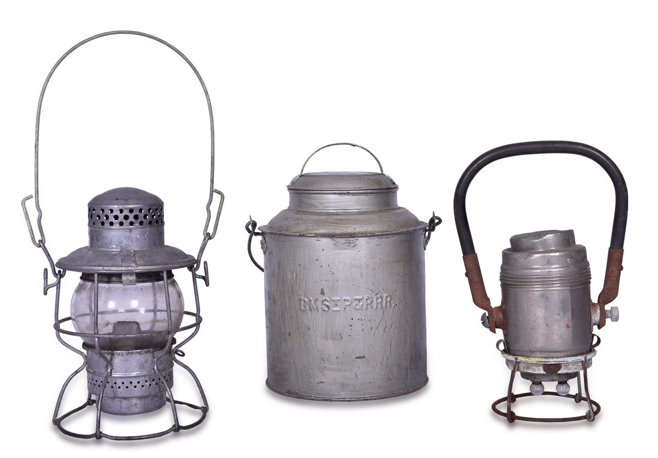 8072 - Milwaukee Road Adlake Kero Clear Globe Lantern, Water Canister, and Unmarked Battery Powered Lantern thumbnail