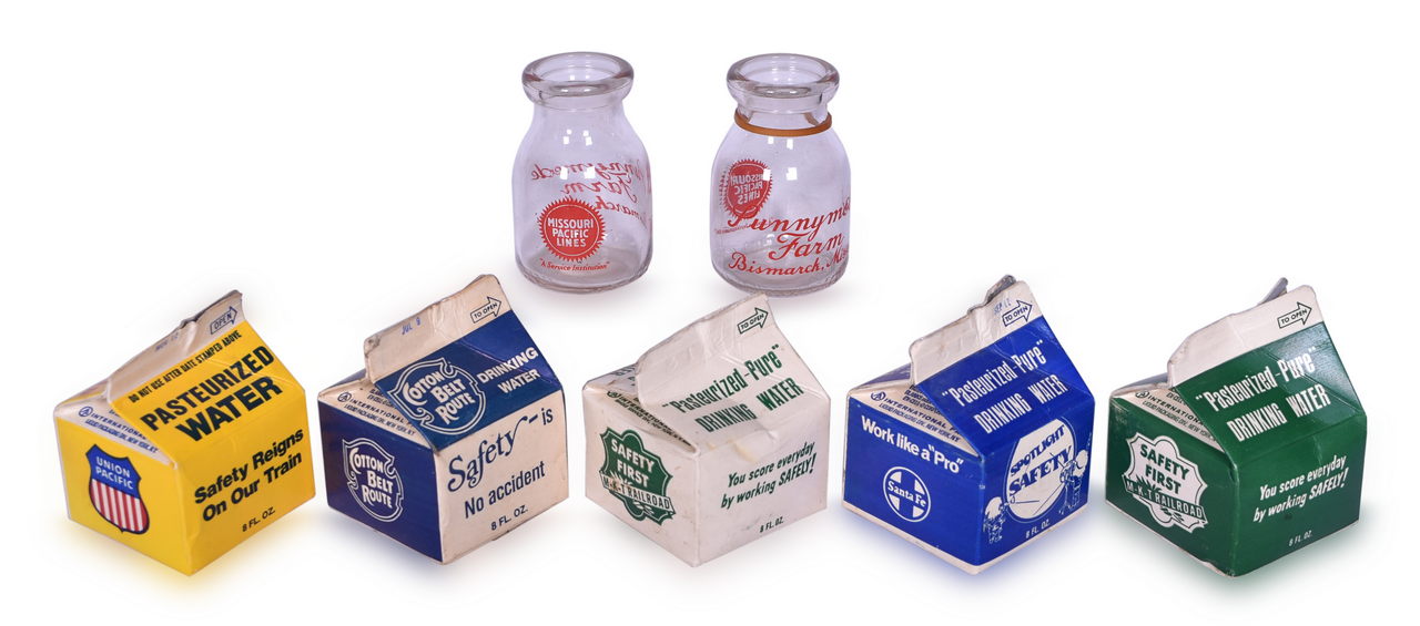8074 - Two Missouri Pacific Lines Railroad Milk Bottles and Five Railroad Drinking Water Cartons - Santa Fe, MKT, Cotton Belt Route, and Union Pacific thumbnail