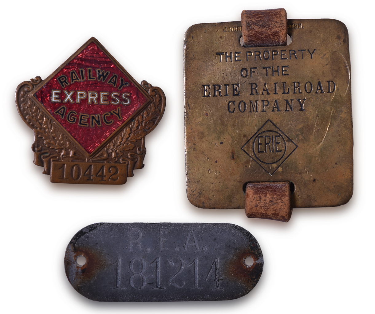 8078 - Railway Express Agency Badge, Baggage Cart ID Tag, and Erie Railroad Baggage Tag W/ Diamond Logo and Leather Strap thumbnail