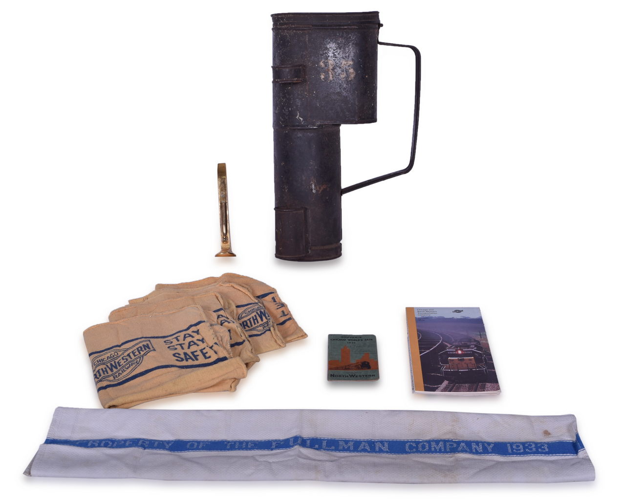 8080 - Chicago & North Western Railroad Ephemera - Flagsman Kit, 1933 World's Fair Souvenir, Railroad Spike Pen Holder, Map, and Towels thumbnail