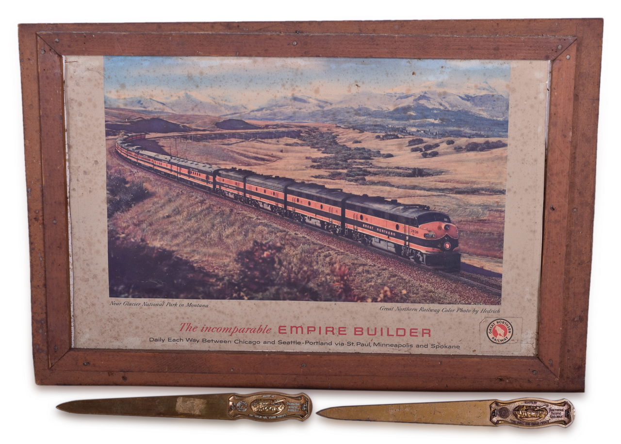8086 - Two Northern Pacific Railway Brass Letter Openers and Great Northern Railway Framed Advertisement thumbnail