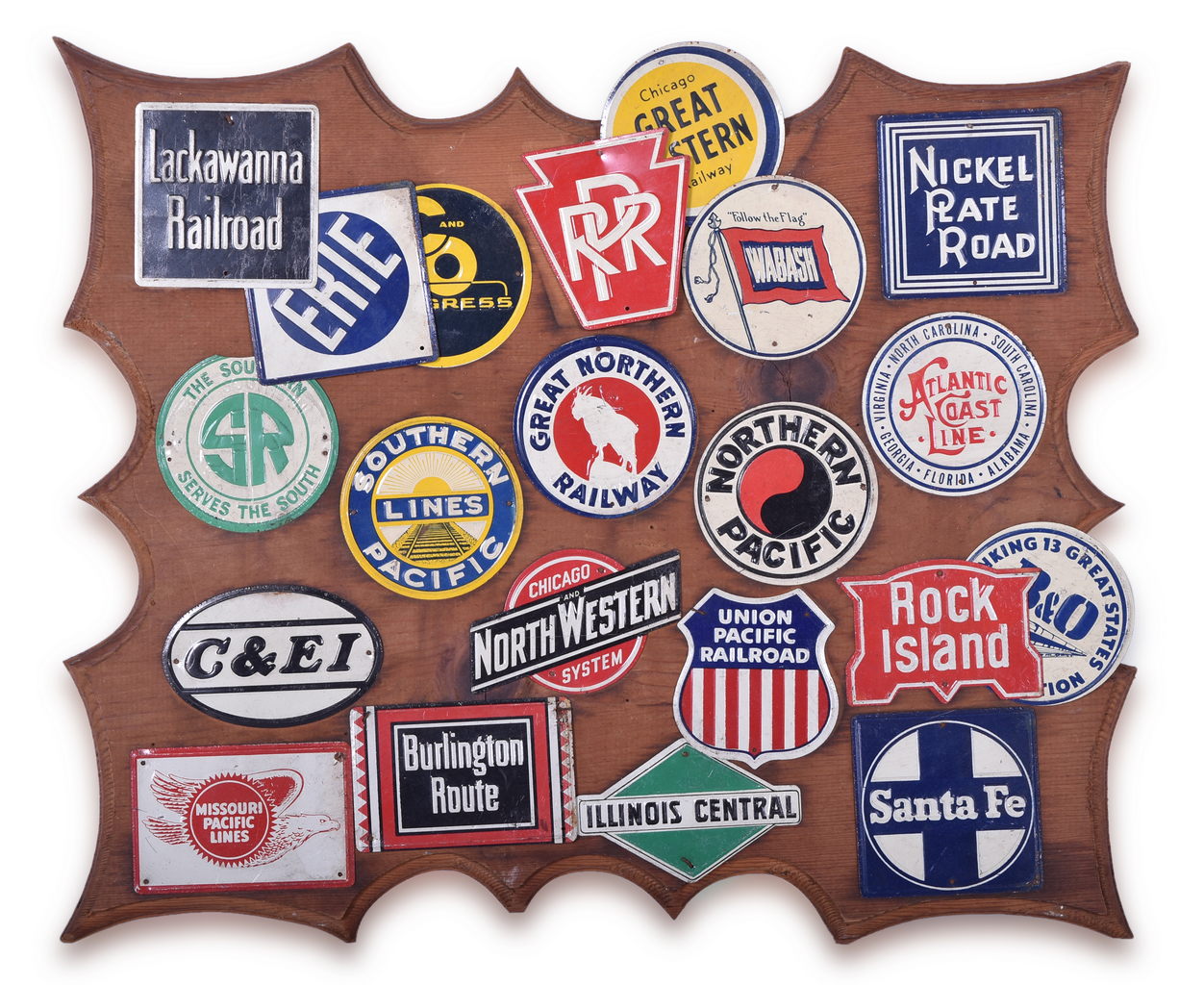 8087 - Twenty-One Post Cereal Railroad Herald Tins - Santa Fe, Nickel Plate Road, Pennsylvania, Burlington Route, and More thumbnail