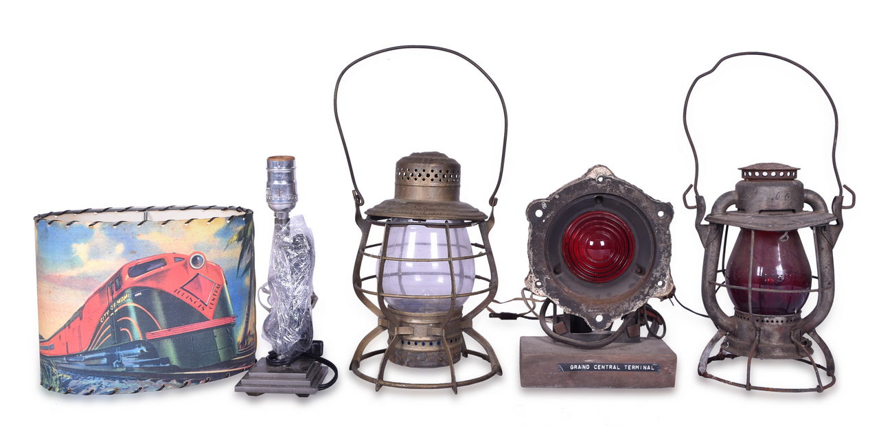 8089 - Group of Four Electrified Railroad Lanterns and Lamps - Lehigh Valley, New York Central, Grand Central Terminal, and Santa Fe thumbnail