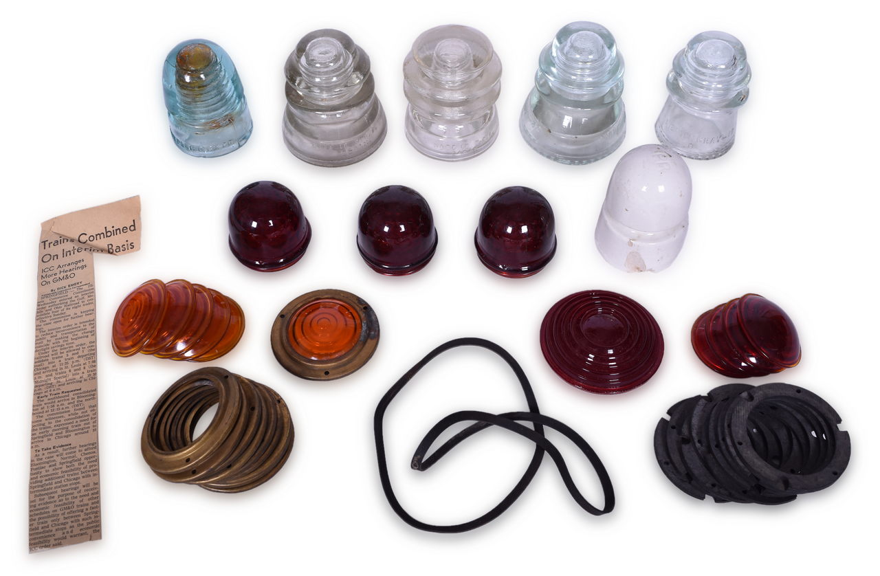 8096 - Group of Railroad Insulators, Domed Lenses, Glass Lenses, Brass Bezels, and Gaskets - Canadian Pacific, Hemingray, Corning, and RECO thumbnail