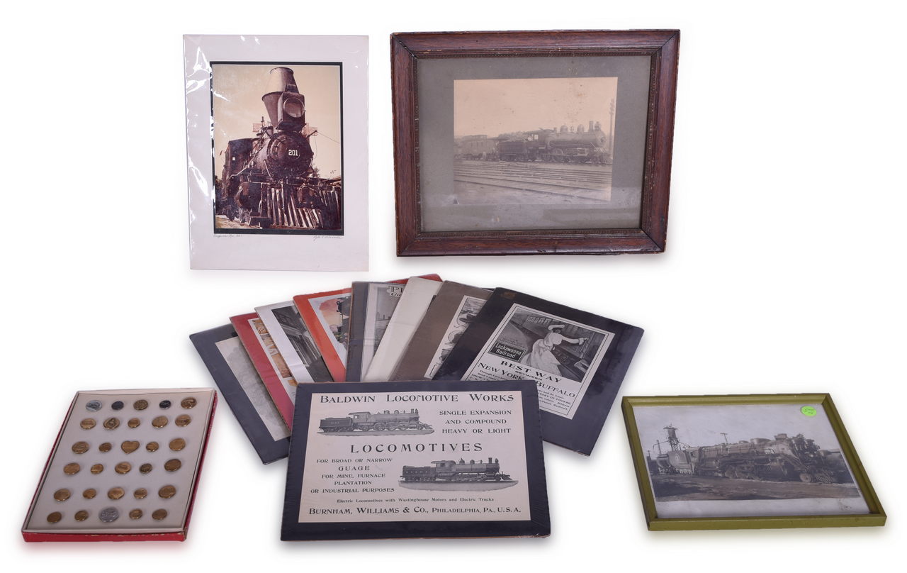 8098 - Mixed Group of Railroad Clothing Buttons, Advertising, and Framed Prints - Great Northern, Illinois Central, Union Pacific, Santa Fe, and More thumbnail