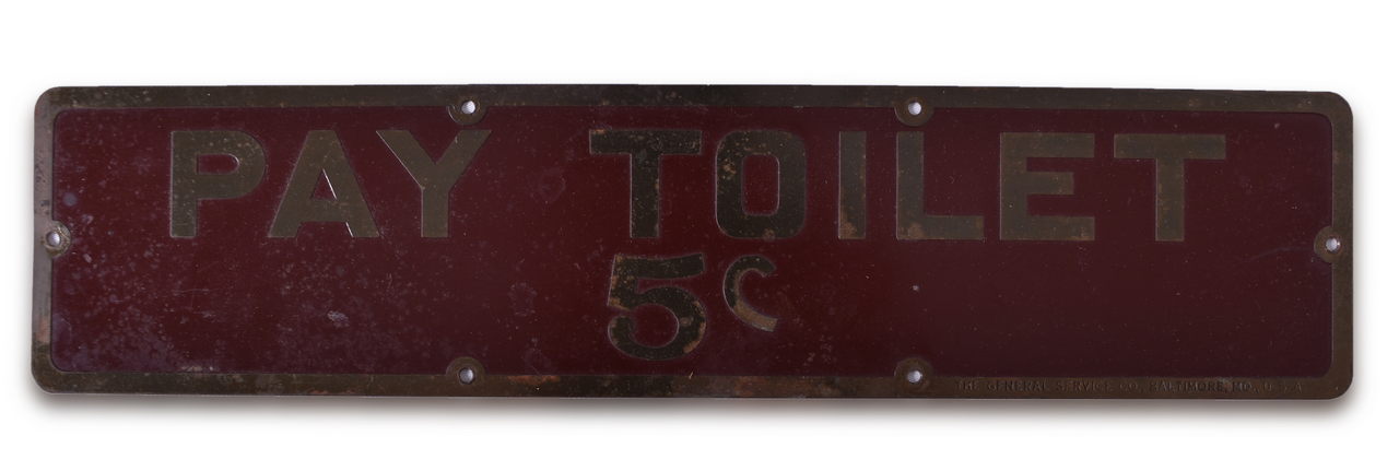 8100 - General Service Co. Relief Painted Brass Railroad Sign Pay Toilet 5 Cents thumbnail