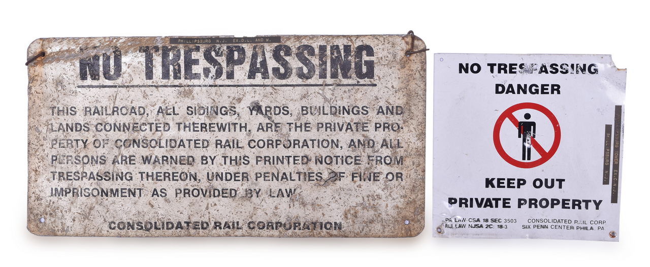 8101 - Two Railroad No Trespassing Metal Signs - Central of New Jersey and Delaware, Lackawanna & Western thumbnail