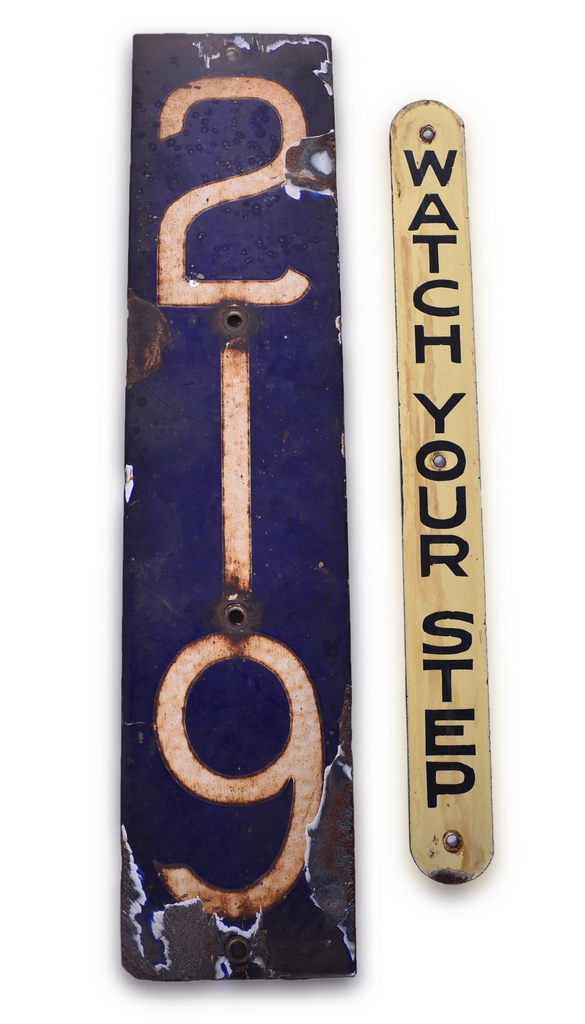 8102 - Two Porcelain Railroad Signs - Watch Your Step and Marker 219 thumbnail