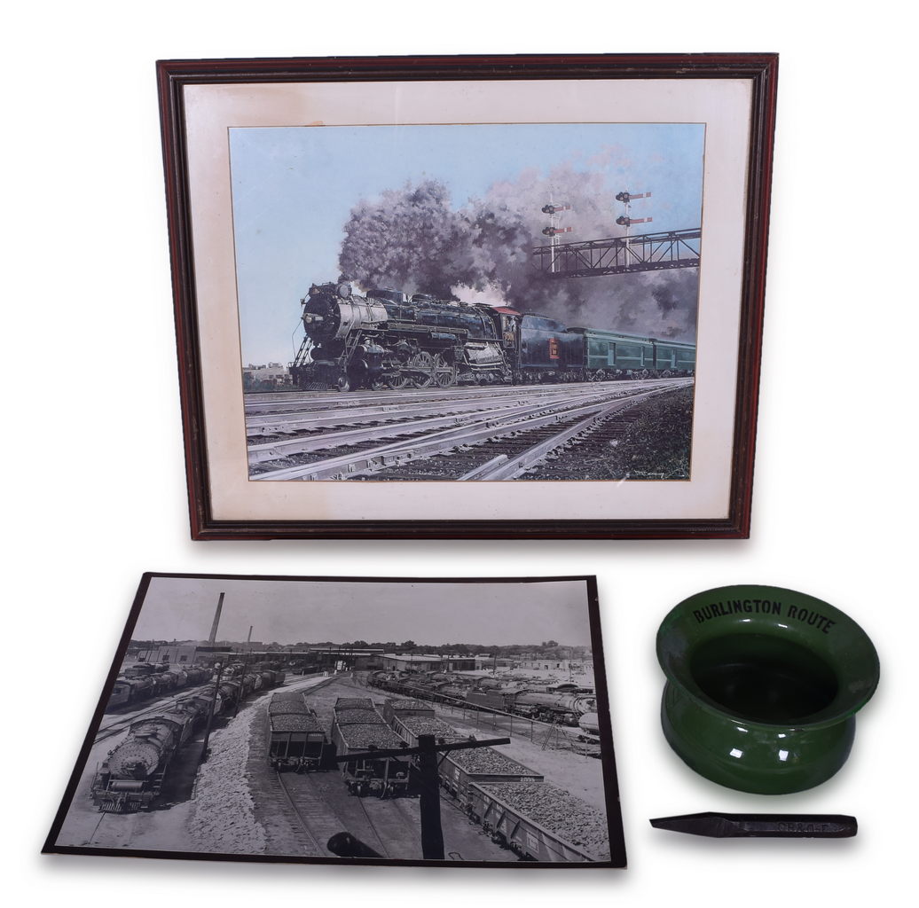 8104 - Chicago Burlington and Quincy Railroad Spittoon, Cast Iron Punch, Framed Print, and Yard Photograph thumbnail
