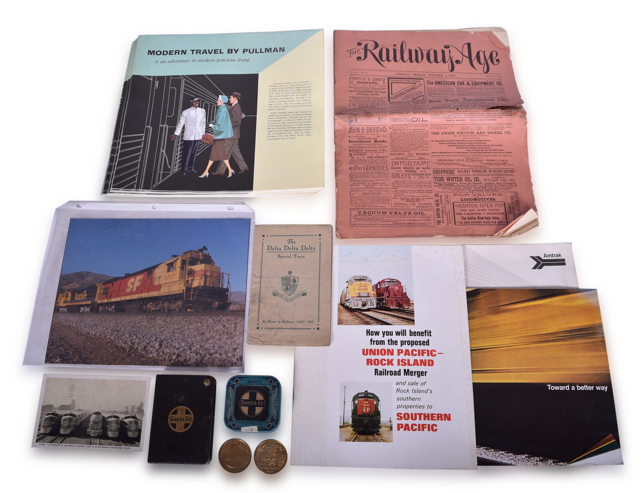 8114 - Assortment of Railroad Ephemera - 1915 Delta Delta Delta Special Train, 1889 Railway Age, Santa Fe Advertising Items, Pullman Brochures, and More thumbnail