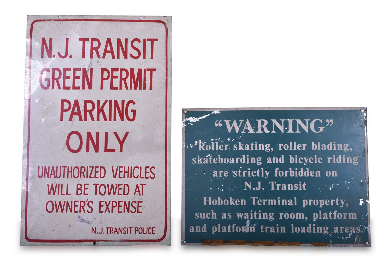 8119 - Pair of New Jersey Transit Metal Signs - Warning and Green Permit Parking Only thumbnail