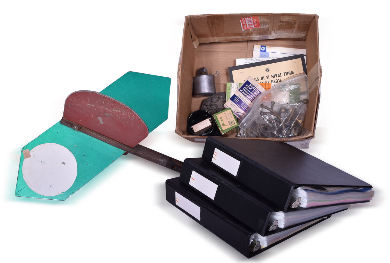 8120 - Assorted Group of Railroad Items - Brass Hooks, Adlake Burner, Switch Stand Indicator, Signal Lock, Magazine Advertisements, and More thumbnail