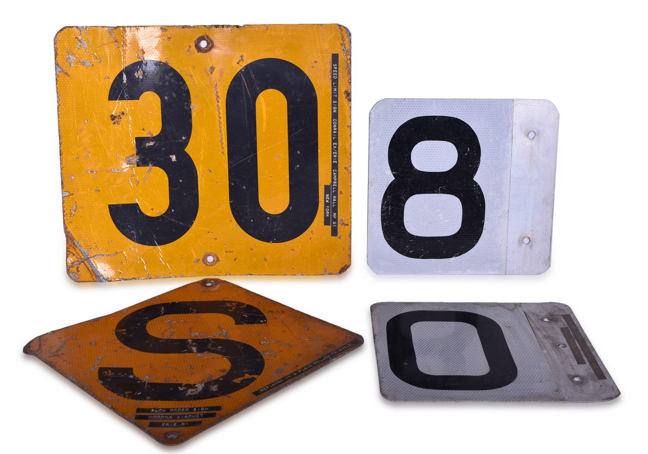 8125 - Group of Four Reflective Railroad Signs - Speed Limit, Slow Order, and Mile Post thumbnail