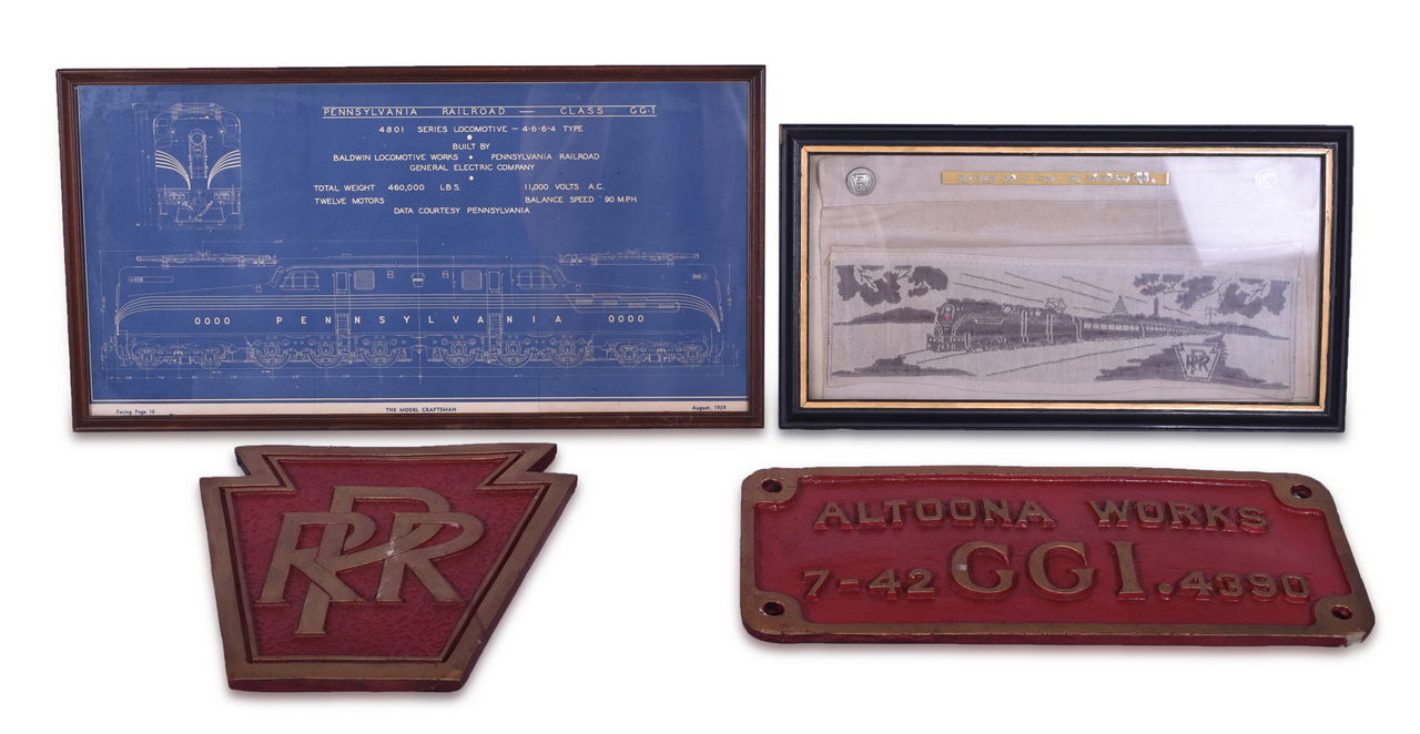 8129 - Four Pennsylvania Railroad Items - GG-1 Line Drawing, Congressional Headrest, Reproduction Builders Plate and Keystone thumbnail