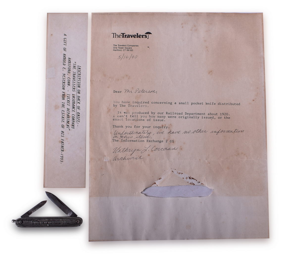 8161 - Travelers Insurance Company Railroad Ticket Department Advertising Pocket Knife and Letter thumbnail