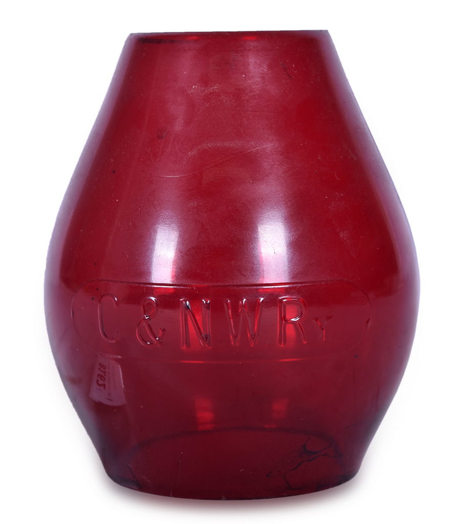 8162 - Chicago and North Western Corning Red Lantern Globe w/ Cast Panel thumbnail