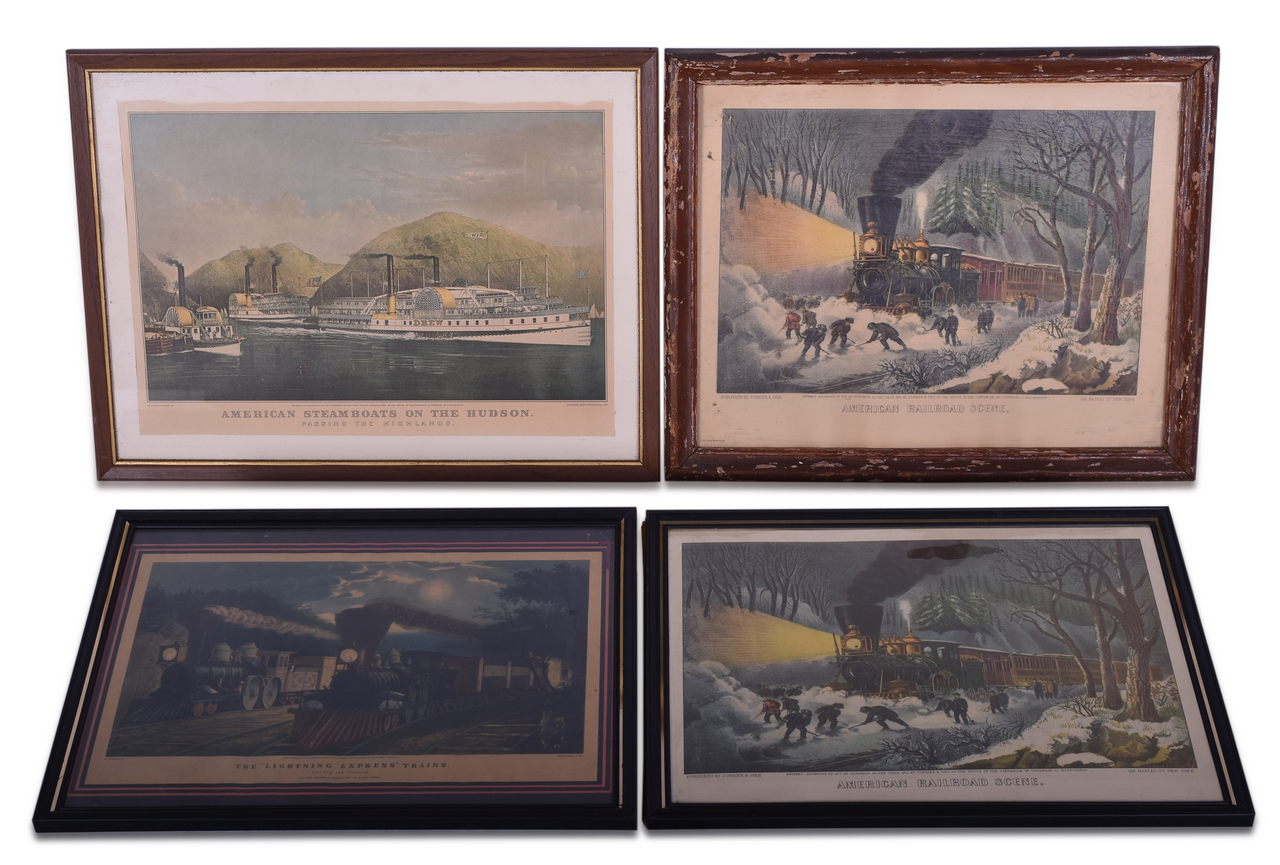 8185 - Four Currier & Ives Framed Reproduction Prints - American Railroad Scene, The Lightning Express Trains, and American Steamboats on the Hudson thumbnail