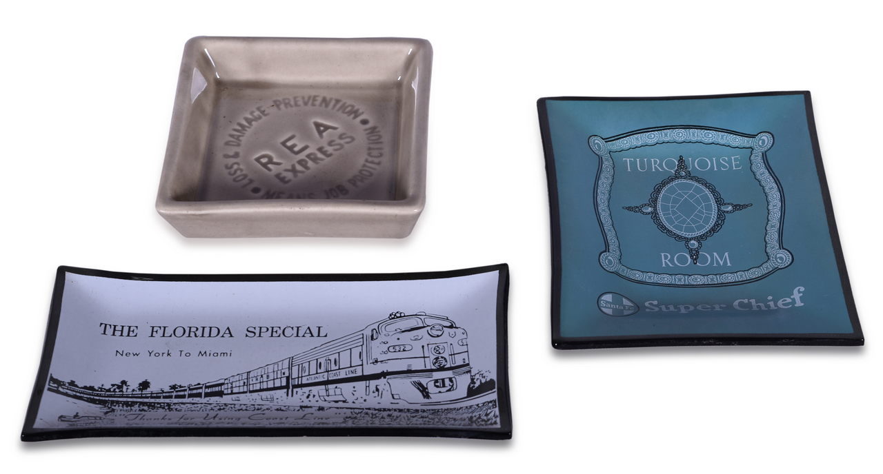 8195 - Three Glass and Ceramic Railroad Ash Trays - Santa Fe Super Chief, Atlantic Coast Line Florida Special, and Railway Express Agency thumbnail