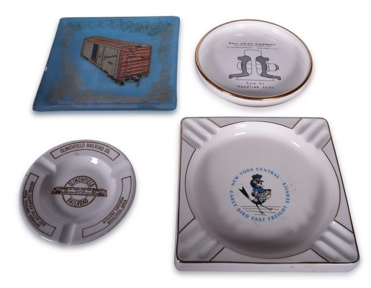 8198 - Four Railroad Advertising Ash Trays - New York Central, Clinchfield, Standard Railway, Rail Joint Company thumbnail