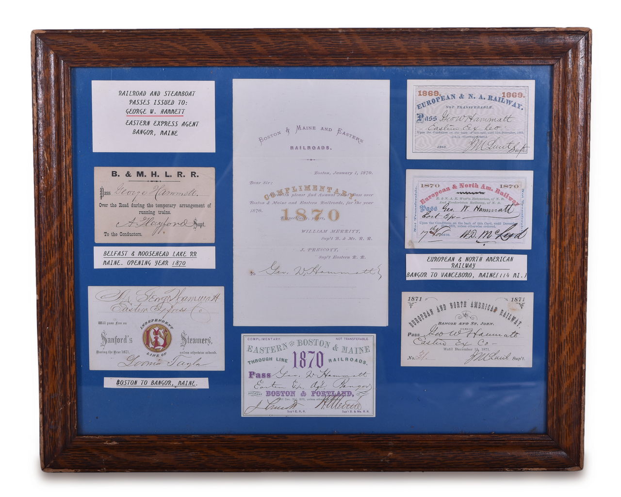 8210 - 6 Railroad and Steam Ship Passes 1869-1871 Eastern and Boston & Maine, Belfast & Moosehead Lake, European and N.A. Railway thumbnail