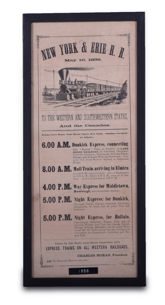 8212 - 1858 New York and Erie Railroad Double Sided Timetable / Broadsheet thumbnail