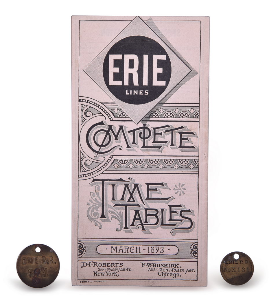 8232 - Erie Railroad March 1893 Timetable and Brass Baggage Check Tags thumbnail