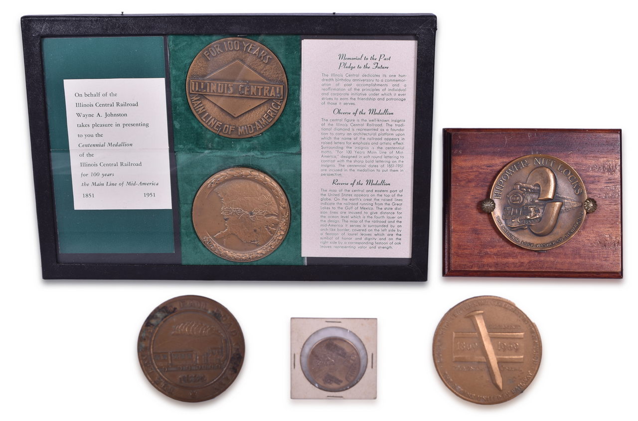 8242 - Group of Railroad Medallions - Illinois Central, Long Island Railroad, Union Pacific, National Lock & Washer. thumbnail