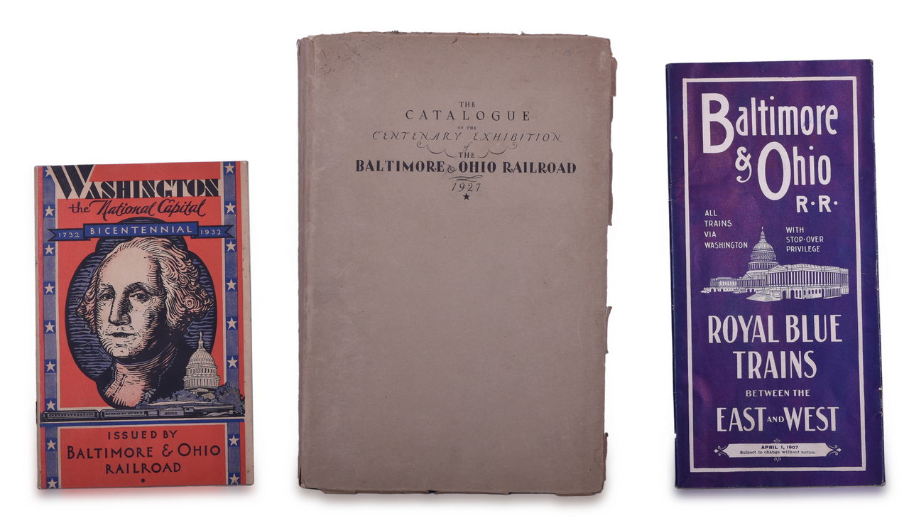 8252 - Baltimore and Ohio Railroad 1907 Timetable, 1932 George Washington Bi-Centennial booklet, and 1927 Catalogue of the Centenary Exhibition thumbnail
