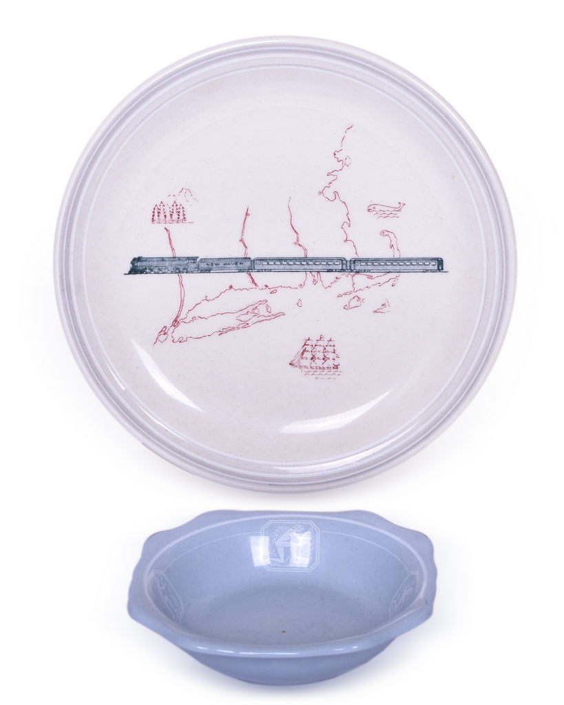8423 - Two Pieces of New York, New Haven, & Hartford China Merchants Plate and Platinum Blue Bowl thumbnail