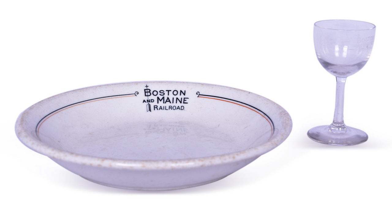 8451 - Two Boston And Maine Railroad Dining Car Items - Bar Harbor China Bowl and Stemmed Cordial Drinking Glass thumbnail