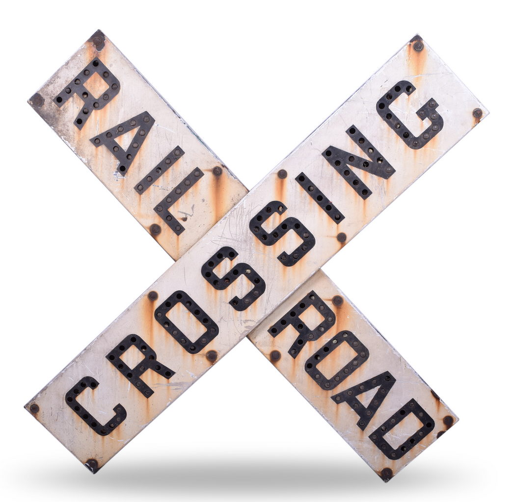 8464 - White Porcelain Railroad Crossbuck Sign w/ Glass Cat Eye Reflectors thumbnail