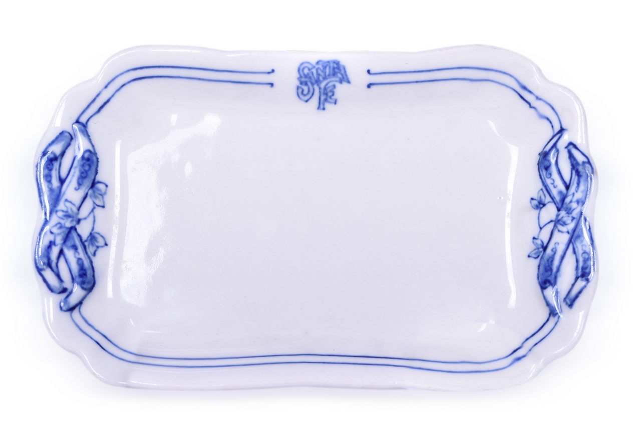 8485 - Atchison, Topeka, And Santa Fe Railroad China Bleeding Blue Rectangular Tray 8