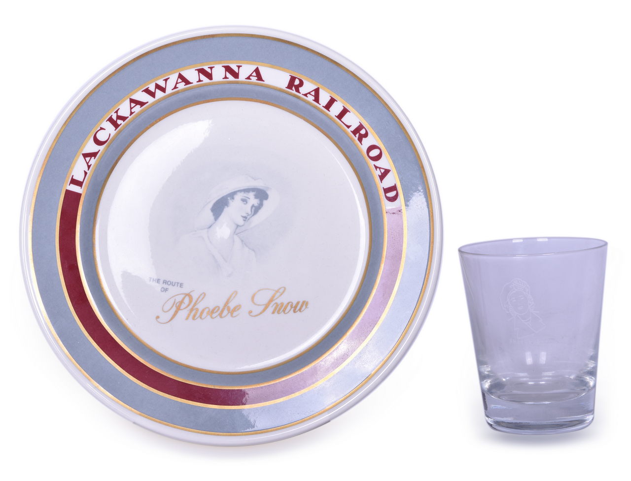 8493 - Two Lackawanna Railroad Phoebe Snow Dining Car Items - Pullman Service Plate and Drinking Glass thumbnail