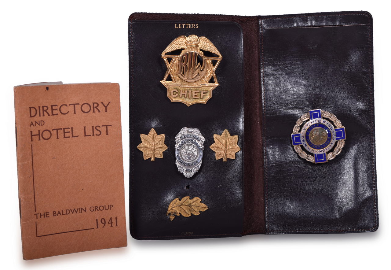 8524 - Baldwin Locomotive Works Chief Badge Set With Original Leather Case And 1941 Baldwin Group Directory And Hotel List thumbnail
