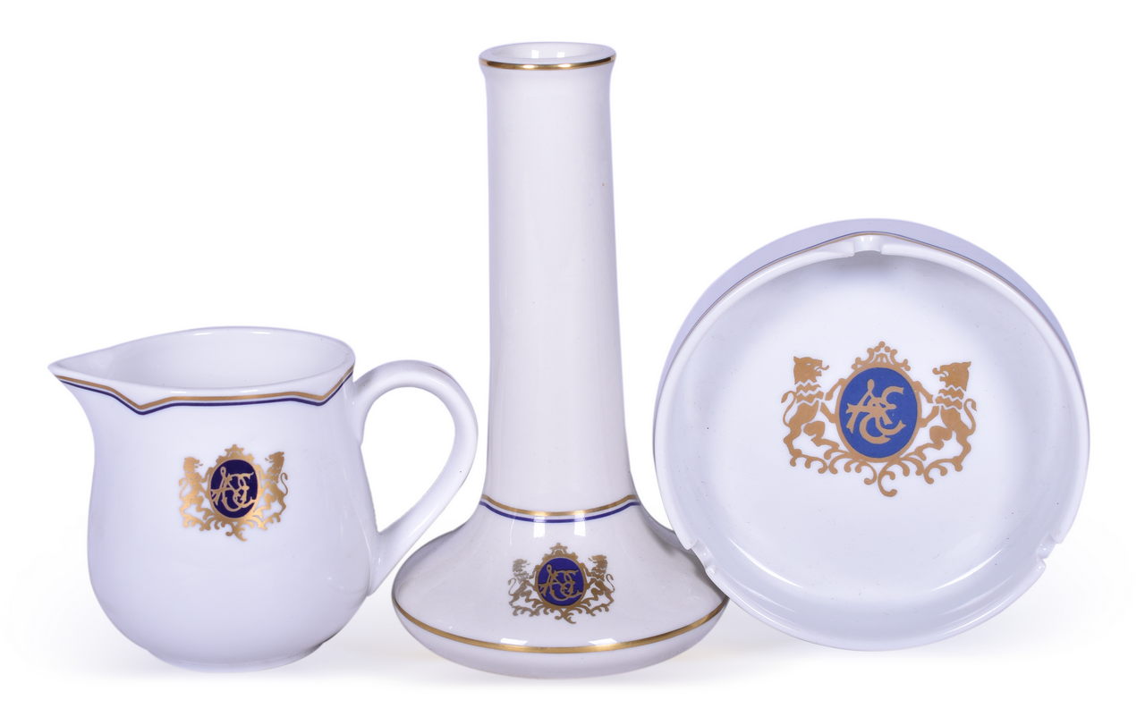 8545 - Three Pieces of American Orient Express Dining Car China - Hall Flower Vase, Ash Tray, and Creamer thumbnail