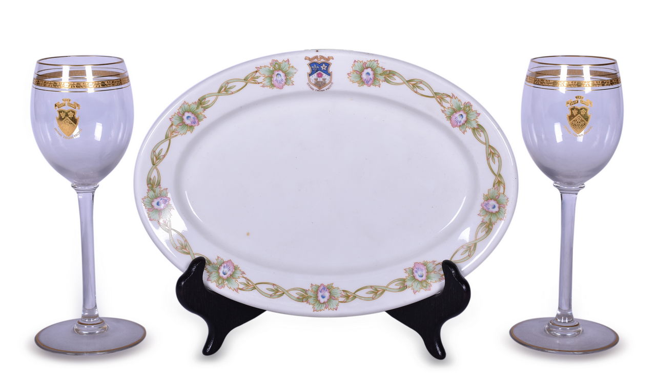 8555 - Three Grand Trunk Pacific Railroad Dining Car Items - Stemmed Wine Glasses and Oval China Platter thumbnail
