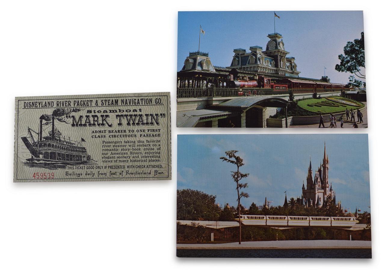 8562 - Disneyland and Disney World Railroad Ephemera - Mark Twain Steamboat Ticket, Monorail Postcard, and Walt Disney World Steam Railroad Postcard thumbnail
