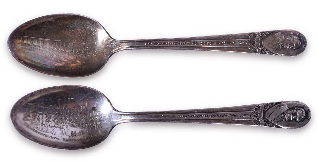 8565 - Pair of Silver Railroad Souvenir Spoons - Ulysses S. Grant Transcontinental Railroad 1869 and Grover Cleveland Interstate Commerce Act 1887 thumbnail