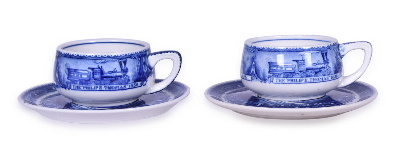 8579 - Pair of Baltimore & Ohio Railroad China Centenary Blue Line Coffee Cups and Saucers thumbnail