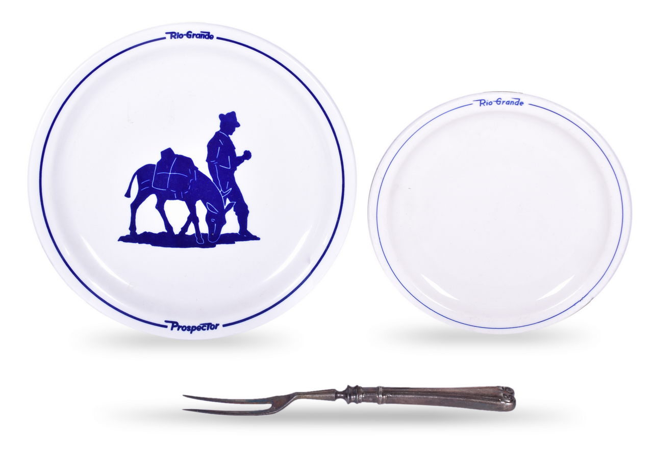 8581 - Three Denver & Rio Grande Western Railroad Dining Car Items - Silver Meat Fork, Prospector Bread Plate, and Reproduction Dinner Plate thumbnail