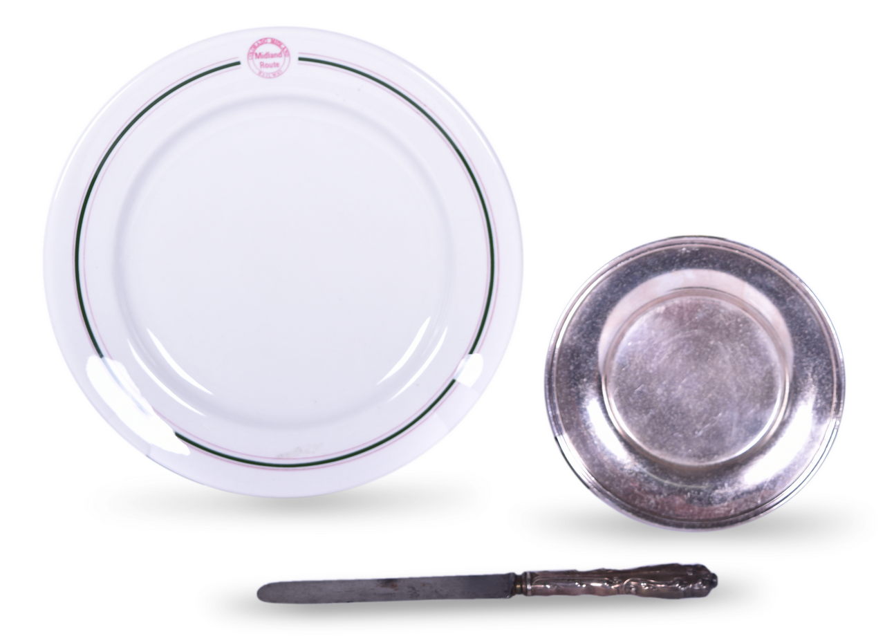 8583 - Three Colorado Midland Railway Dining Car Items - Silver Knife, Silver Tray, and Cascade Reproduction Dinner Plate thumbnail