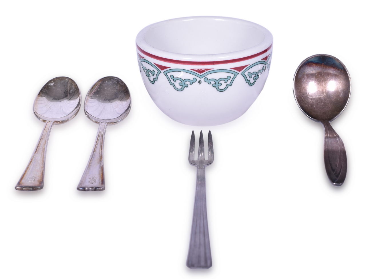 8589 - Five Chicago, Rock Island, & Pacific Railroad Dining Car Items - LaSalle Bouillon Cup, Silver Spoons, and Stainless Steel Cocktail Fork thumbnail