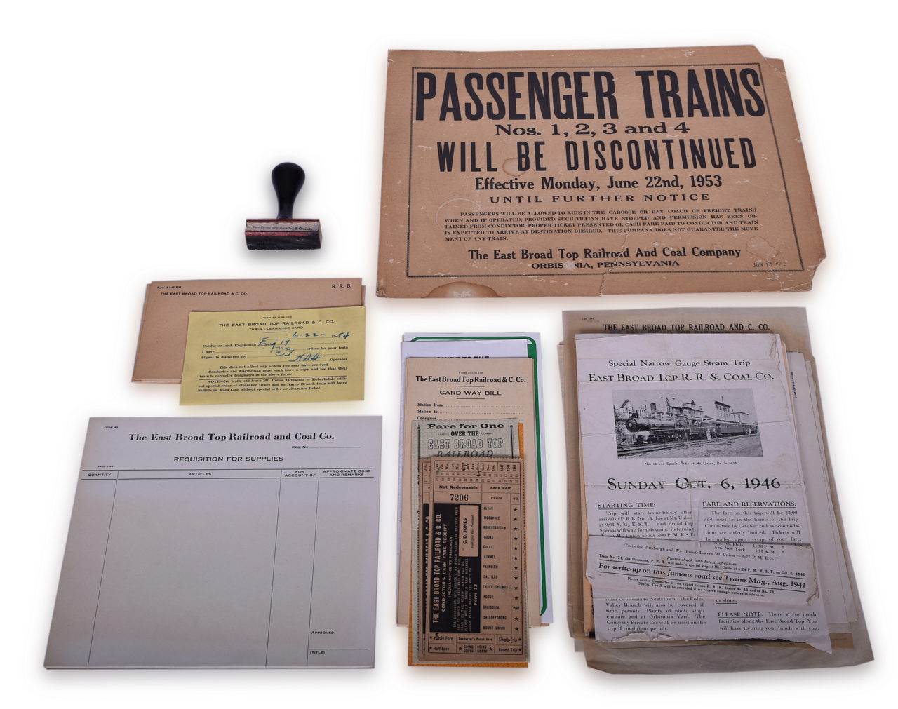 8590 - Group of The East Broad Top Railroad & Coal Co. Paper and Ephemera - Discontinued Sign, Trainmaster Rubber Stamp, Advertising, Tickets, Employee Papers, Stationery, and More thumbnail