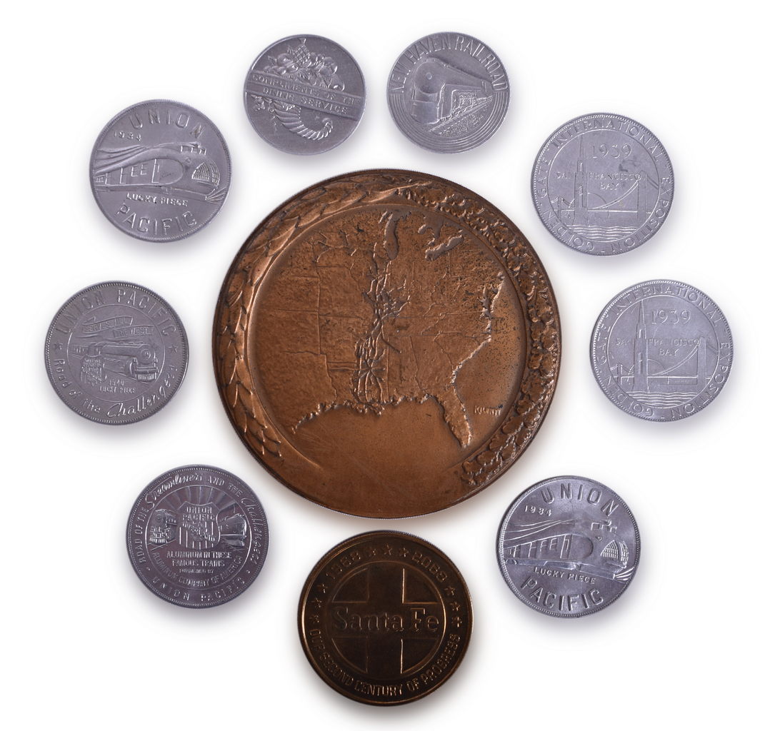 8592 - Ten Assorted Railroad Coins - Union Pacific, Illinois Central, Santa Fe, and New Haven thumbnail