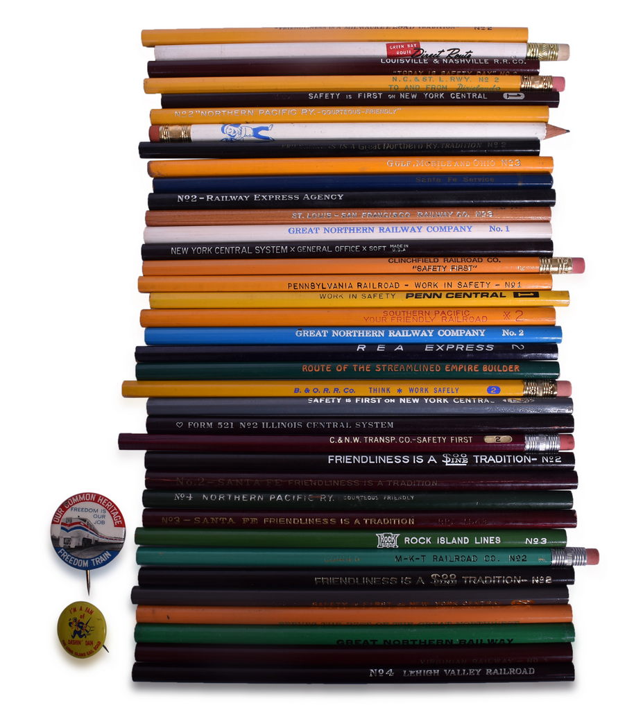 8596 - Group of Thirty-Nine Railroad Pencils and Pins - Santa Fe, Pennsylvania, Great Northern, Milwaukee Road, Soo Line, and More thumbnail