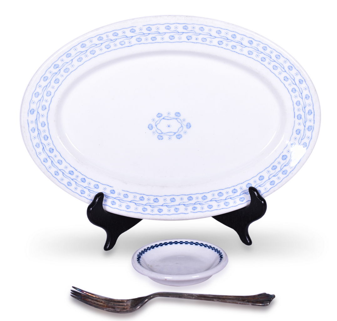 8601 - Three Fred Harvey Santa Fe Railroad Dining Car Items - Denmark Oval Platter, Blue Chain Butter Pat, and Albany Silver Fork thumbnail
