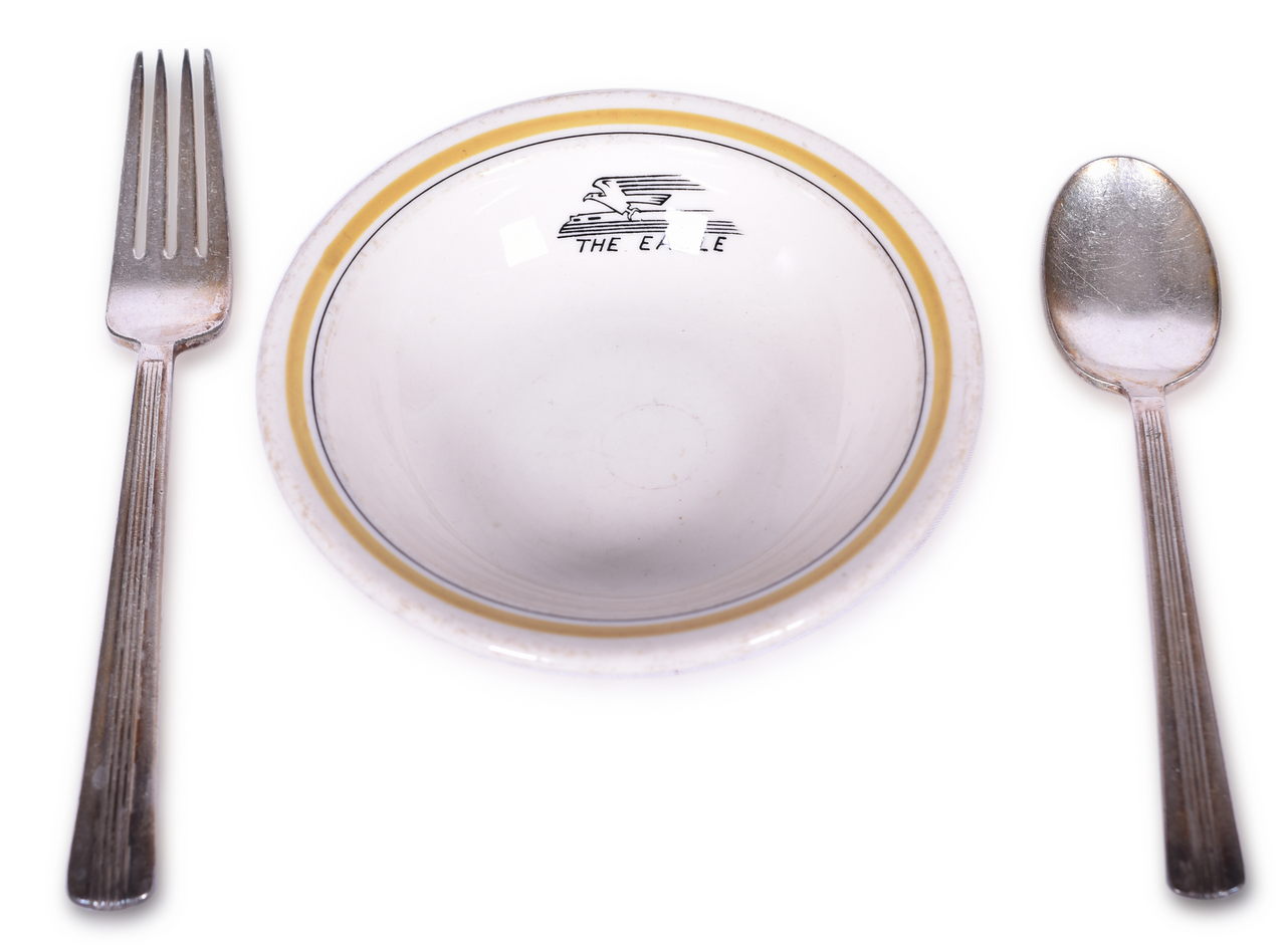 8603 - Missouri Pacific Lines Railroad Dining Car China Eagle Bowl, Silver Fork, and Spoon thumbnail