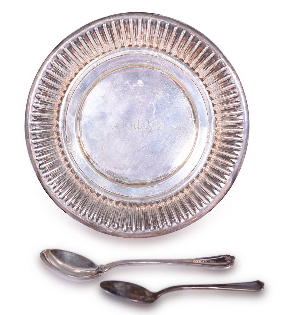 8613 - Three Pieces of Santa Fe Railroad Dining Car Silver - Tray, Soup Spoon, and Demitasse Spoon thumbnail