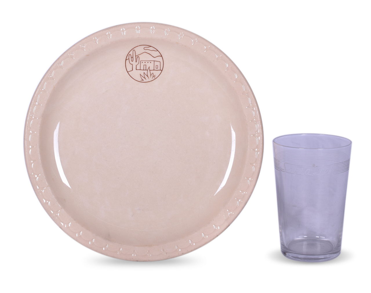 8623 - Atchison, Topeka, & Santa Fe Railroad Dining Car China Adobe Dinner Plate and Drinking Glass thumbnail